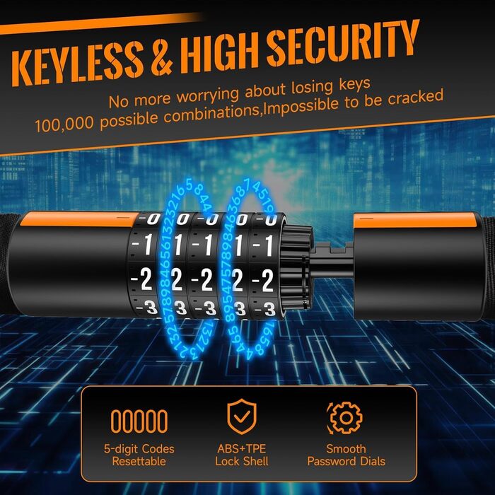 Надійне велозамок HiiPeak з 5-цифровим кодом, 94см/7мм, для велосипеда, мотоцикла, грилю (жовтий)