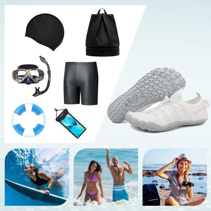 Зітоп Водні черевики для жінок та чоловіків, шкарпетки для плавання, швидковисихаючі пляжні черевики, легкі фітнес-черевики, м'які серфінг-черевики, басейнові черевики для дайвінгу, серфінгу, хайкінгу, йоги (36-46 EU), 38 EU, білий, сірий