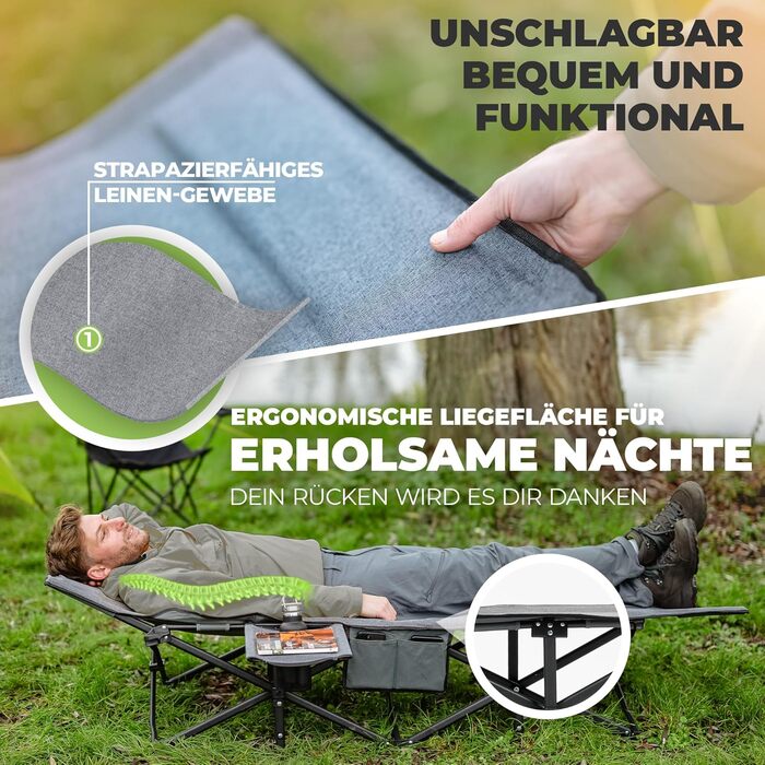 Кемпінгове ліжко NORDICTRAILS - розкладне, XXL, комфортне | Для відпочинку на природі, гостей, риболовлі | Сірий колір, без матраца