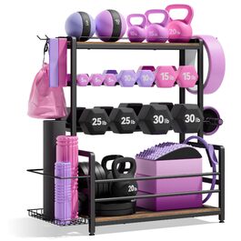 Стійка для гантелей та медичних м'ячів, 3-ярусна, 60x40 см, сталева, 272 кг, з корзиною для килимків та гачками