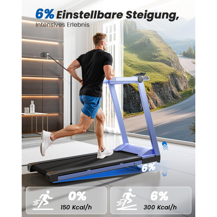 Складне бігове полотно для дому Klappbar 16 km/h, Walking Pad Foldable з нахилом 6%, бігове полотно 158 KG велика площа бігу 112 * 42cm, бігове полотно тихе для дому та офісу (Синьо-Чорний)