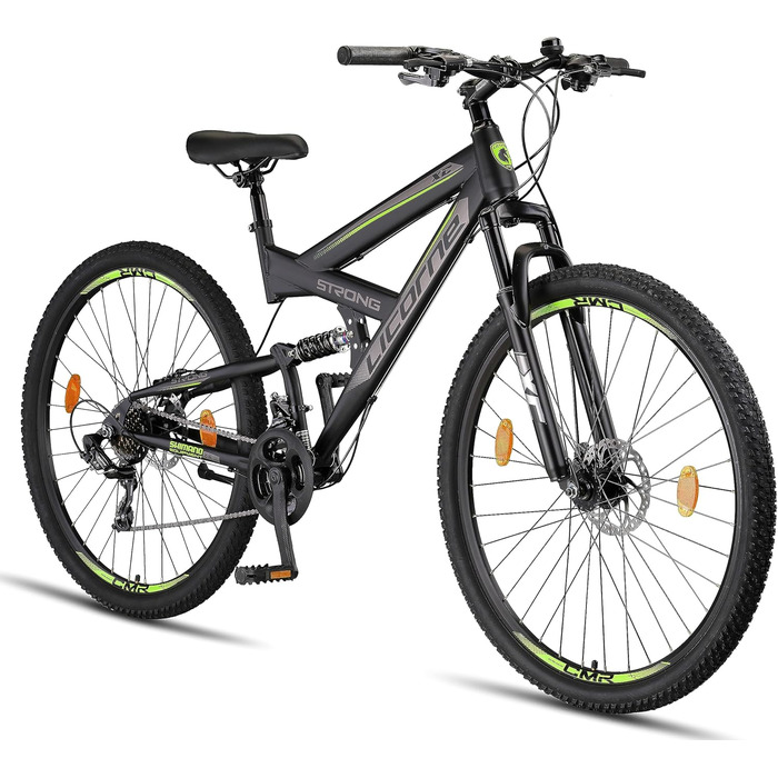 Гірський велосипед Licorne Bike Strong 2D Premium 29 дюймів для підлітків і дорослих, дискові гальма, 21 швидкість, повна амортизація, чорний/лайм