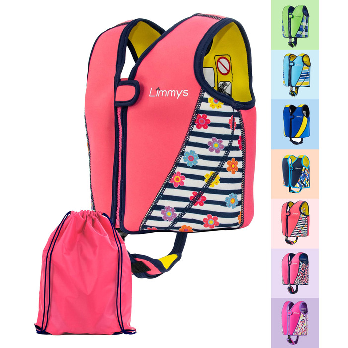 Дитячий жилет для плавання Limmys – підтримуюча допомога з регульованою плавучістю, CE-сертифікат, переможець тесту на Vergleich.de, м'який неопрен, безпечне та надійне виконання, з сумкою для транспортування M Рожева Квітка