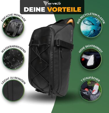 MIVELO 3-в-1 велосипедна сумка на багажник 9 л, водонепроникна, з відбивачами, чорна – сумка на багажник, через плече та ручна