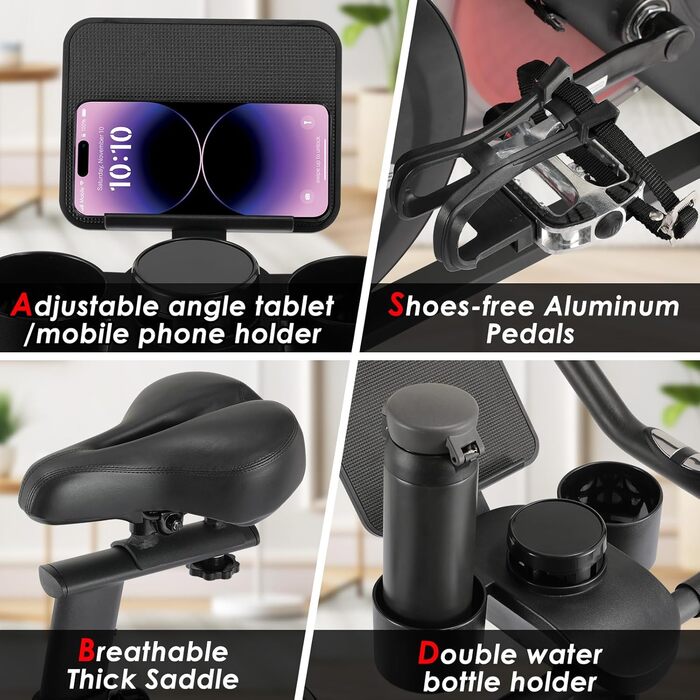 Велотренажер LIFERUN з регульованим опором, 0-100% магнітний опір, тихий велотренажер з LED-монітором, тримачем для планшету, для кардіотренувань вдома, до 120 кг, чорний
