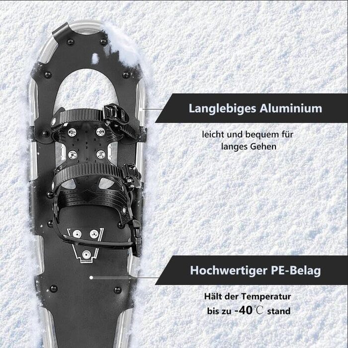 Снігоступи GYMAX 53/63/76 см з алюмінію, розмір 35-45, з підйомником, 2 палиці та сумка, комплект снігоступів для чоловіків та жінок (63 см, сріблястий сплав)