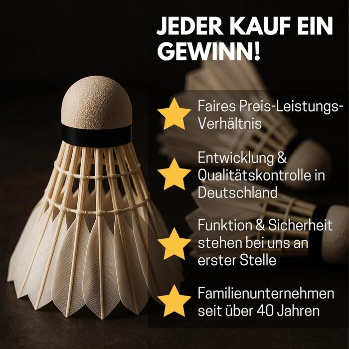 Набір для бадмінтону BEST SPORTING: 6 турнірних м'ячів з натураним пір'ям, середня швидкість