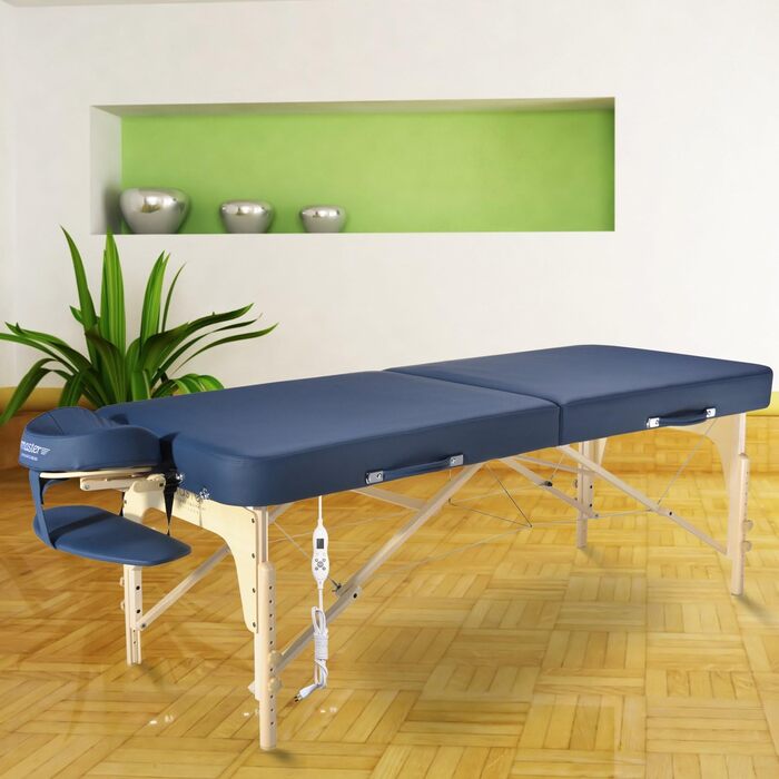 Складаний масажний стіл Master Massage Phoenix 71 см з підігрівом ThermaTop, дерев'яні ніжки, переносний, косметологічне ліжко, синій