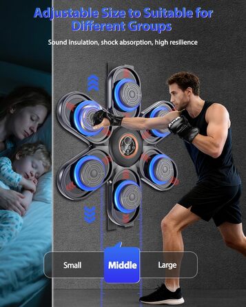 Музична боксерська машина з LED-підсвіткою та Bluetooth, 3 рівня регулювання розміру, 9 режимів швидкості та тренувань, лічильник ударів, для дорослих та дітей