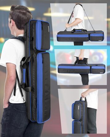 Сумка для більярду, 10 x 13 см, з кишенями на 4 кийки, 5 аксесуарів, з підкладкою, м'яка та міцна, з регульованими плечовими ременями для чоловіків та жінок, синього/чорного кольору