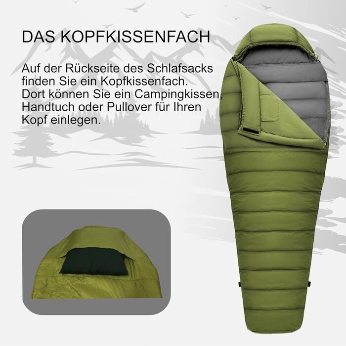 Спальний мішок Mumienschlafsack Norskskin Ultralight 220 Grün (-6°C) екстремальний, з'єднуваний, з відділенням для подушки, лівосторонній блискавка