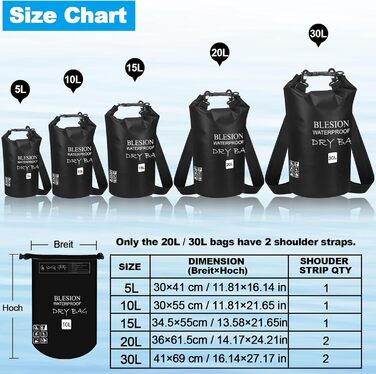 Водонепроникний мішок-рюкзак Dry Bag 5L/10L/15L/20L/30L з регульованим плечовим ременем, для каякінгу, риболовлі, плавання, піших прогулянок та подорожей, чорний (10L)