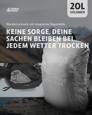 Рюкзак Terra Peak для походів 20 л, чорний, вентильована спинка, тримач для питної системи, дощовик, з поясом на стегнах, для одноденних турів, міський та трекінговий рюкзак