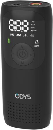 ODYS FlexPump акумуляторний портативний електричний компресор-насос для авто, мотоцикла, велосипеда, самоката, м'ячів (0-10 Бар, 0-150 PSI, 2000 мАг, зарядка USB-C, цифровий дисплей, LED-підсвітка)