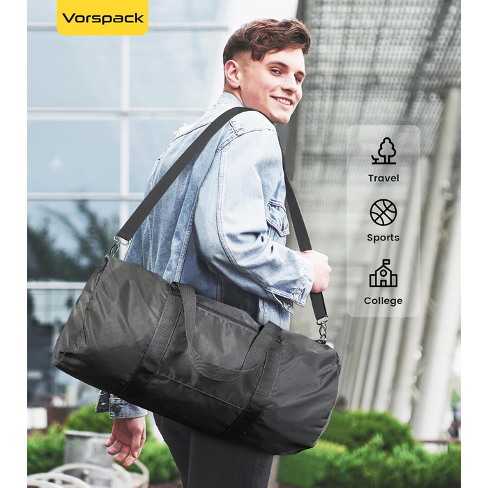 Спортивна сумка для подорожей Vorspack 28 дюймів, водонепроникна дорожня сумка-вікенд з внутрішньою кишенею для чоловіків та жінок, чорна