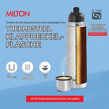 Термос Milton Thermosteel Flip Lid 1000 мл, вакуумна stainless steel пляшка для напоїв (гарячі та холодні), герметична, срібляста