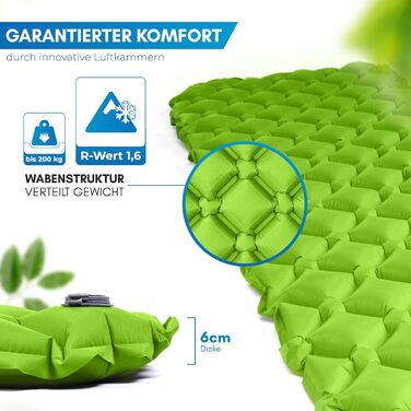 Килимок для кемпінгу NORDMUT® Ultraleicht з ремкомплектом - Надувний килимок для кемпінгу, водостійкий, для відпочинку на природі, фестивалів та у наметі (Світло-зелений)