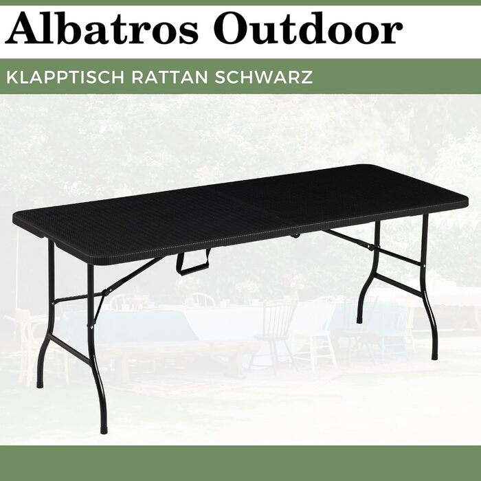 Стіл Albatros Buffettisch Чорний/Роттан – 182x75 см, розкладний, міцний, для 10 осіб, з ручкою для перенесення, для пивного фестивалю