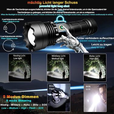 LED ліхтарик тактичний екстремально яскравий з 2 COB-лампами, 9 режимів, USB, водонепроникний IPX6, для кемпінгу, туризму, риболовлі, активного відпочинку, надзвичайної ситуації (R02)
