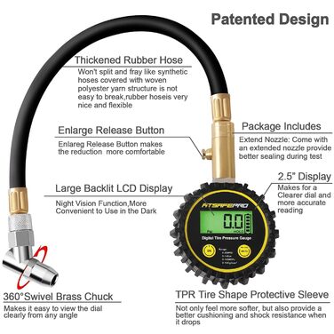 Цифровий манометр ATsafepro 200 PSI з гнучким шлангом та підсвічуванням, LCD дисплей, для шин авто, вантажівок, SUV, мотоциклів, сертифікований