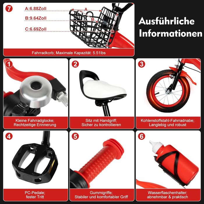 Дитяче велосипед 12 дюймів з регульованою висотою сидіння, додатковими колесами та кошиком, для хлопчиків та дівчаток 2-5 років (Червоний)