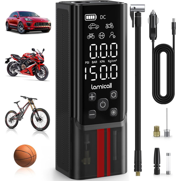Електричний компресор Lamicall 150PSI, акумулятор 7500mAh, портативний насос для авто, велосипеда, мотоцикла з цифровим манометром і Powerbank