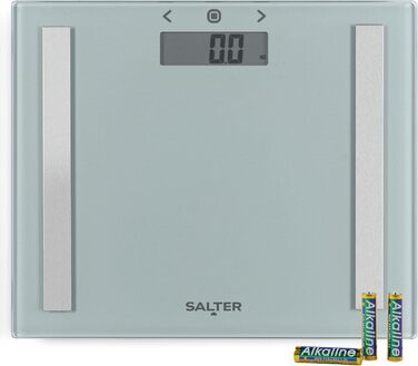 Цифрова вага Salter 9113 SV3R зі склом, аналізатор жиру та води, до 150 кг, 8 користувачів, індекс маси тіла, режим для спортсменів, компактний дизайн, срібляста