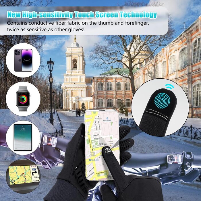 Теплі велосипедні рукавички для чоловіків та жінок - термо рукавички з сенсорним екраном, чорний, XL