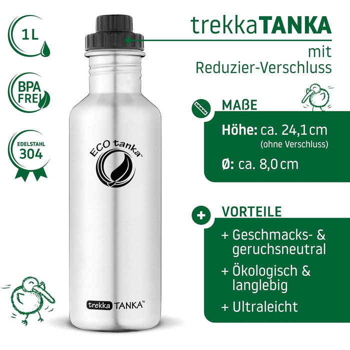 ECOtanka trekkaTANKA 1,0 л пляшка для води з нержавіючої сталі з редукційною кришкою, спортивна, для туризму, фітнесу, BPA-free, герметична, екологічна