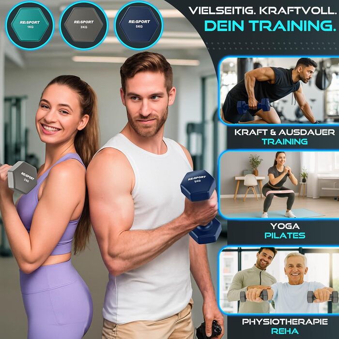 Набір гантелей RE:SPORT® 18 кг з підставкою та фітнес-гумками | 3 пари гантелей (1-5 кг) | Нековзкі гантелі з неопрену для жінок та чоловіків | Кольори: блакитний, сірий, темно-синій