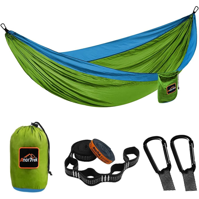 Гамак Anortrek Outdoor для відпочинку на природі, 1 особа, 280x140 см, до 249 кг, ультралегкий, з ременями для дерев, дихаючий, для кемпінгу, подорожей, пікніків (Оливковий/Синій)