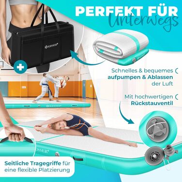 Надувна гімнастична мата KESSER® Airtrack: 2м/3м/4м/5м/6м. Мата для фітнесу, йоги, акробатики. В комплекті сумка та електронасос. Розмір: 300 x 100 x 10 см. Колір: м'ятно-зелений