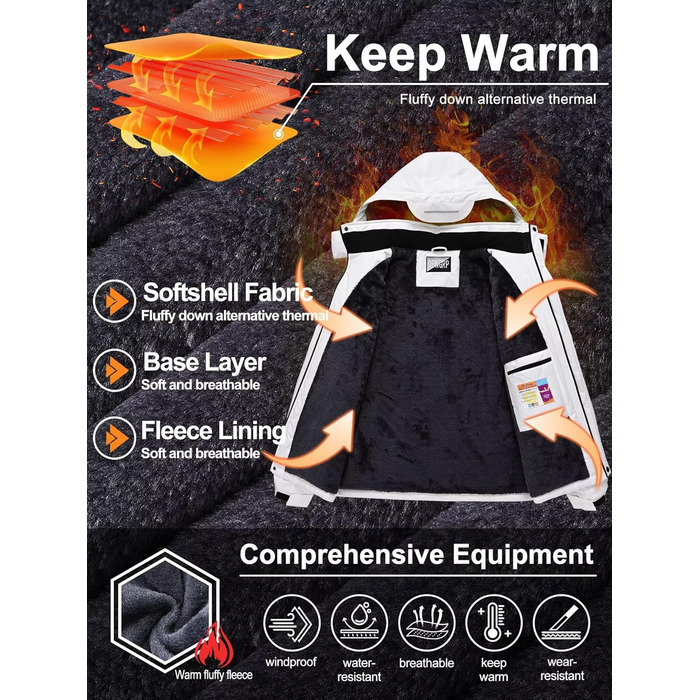 Чоловіча лижна куртка QPNGRP, водонепроникна, ізольована, зимовий пуховик, 5 кишень на блискавці, білий/оптичний сад