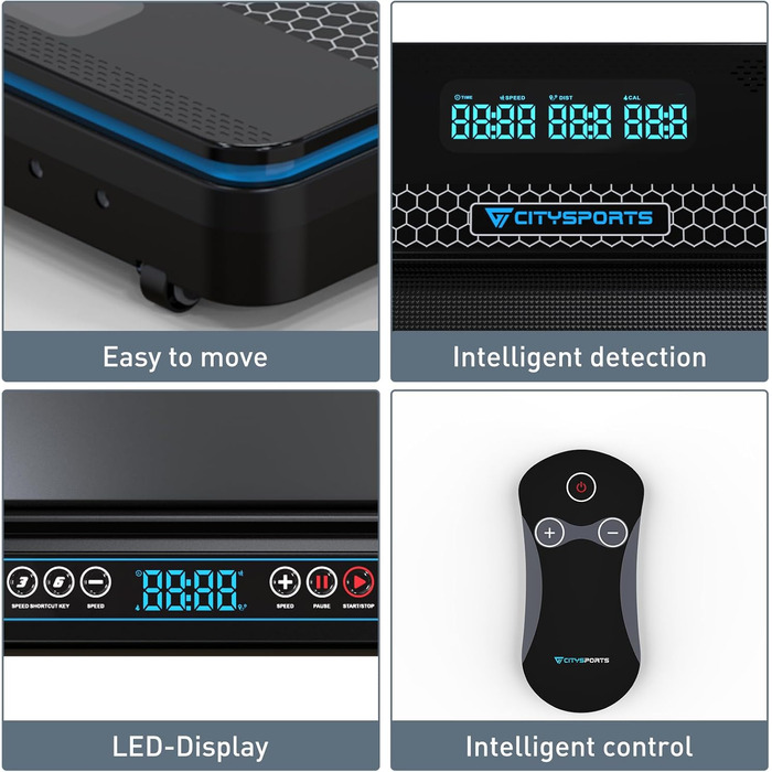 CITYSPORTS Складне електричне бігове полотно WP3 з підлокітниками, Bluetooth та аварійною зупинкою, швидкість до 12 км/год, чорно-синій колір