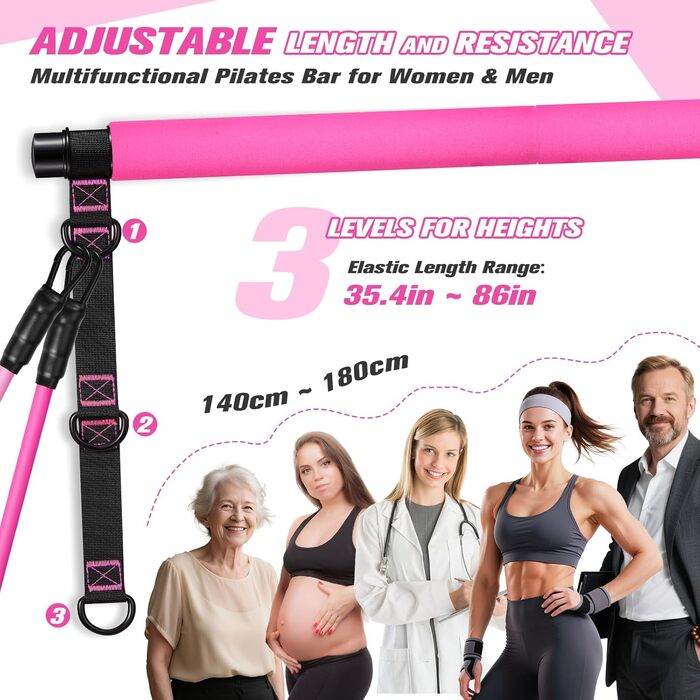 Набір для пілатесу HPYGN з 4 еластичними стрічками, регульоване обладнання для пілатесу для жінок та чоловіків, багатофункціональний набір для фітнесу, стрічки для стегон, ніг, рук, домашній спортзал, йога, силові тренування, розтяжка, рожевий