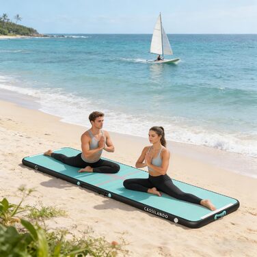 Гимнастичний мат Airtrack CASSILANDO надувний для тамблінгу та йоги, 400x100x10 см, м'ятно-чорний, з насосом