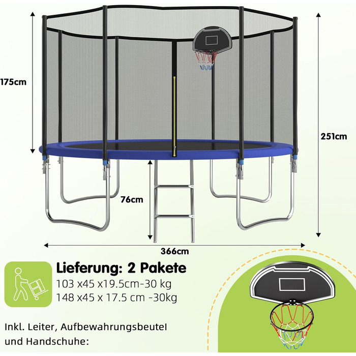 Батут Redkid Outdoor 305/366 см з сіткою, драбиною та баскетбольним кільцем, до 165 кг