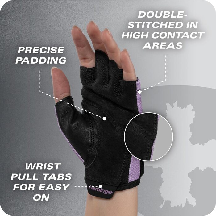 Рукавички для важкої атлетики Harbinger Power Gloves 3.0 (M, Лавандовий) - шкіра, напівпальці, регульований ремінець