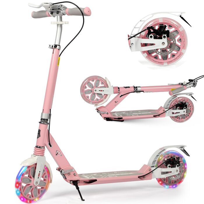 Самокат трюковий Kickscooter LED рожевий, для дітей 8-12 років та дорослих, колеса 200мм, дискові гальма, складаний, з ременем та подвійною амортизацією