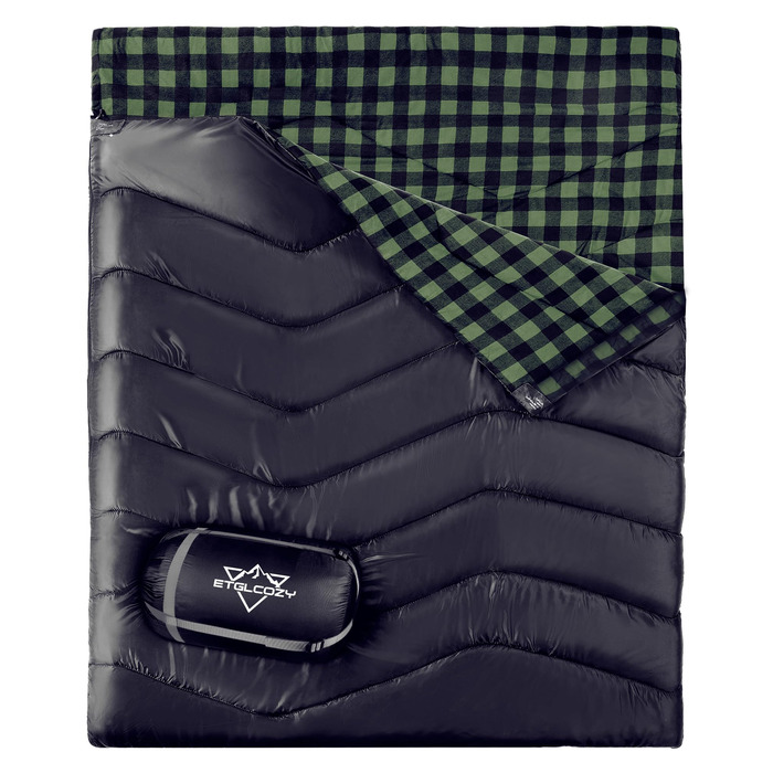 Спальний мішок для двох дорослих та дітей, XL, Queen Size, для кемпінгу та походів, вологостійкий, з компресійним мішком, чорний/зелений