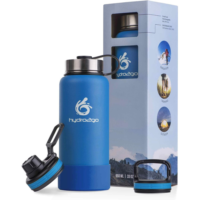 Герметична термос-пляшка з нержавіючої сталі hydro2go X-AlpsBottle 1 л, вакуумна ізоляція, 3 кришки, подвійні стінки, спортивна пляшка для напоїв, блакитна