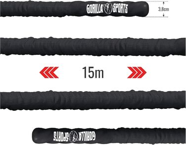 Битва мотузка GORILLA SPORTS® - 9м/12м/15м, діаметр 38мм/50мм, з кріпленням, нейлон, чорний - для силових тренувань, м'язового розвитку