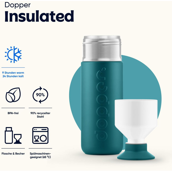 Персоналізований термос Dopper Insulated 580 мл – нержавіюча пляшка для води, кави, чаю, подвійні стінки, зберігає тепло до 9 годин та холод до 24 годин, герметична, колір Green Lagoon