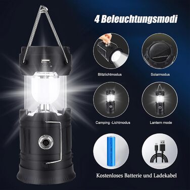 Сонячна кемпінгова лампа EXTRASTAR: LED ліхтар 5W, 2-в-1 (ліхтар + ліхтар для намету), USB/Сонячна/Акумуляторна, водонепроникна, для відпочинку на природі, риболовлі, кемпінгу та походів