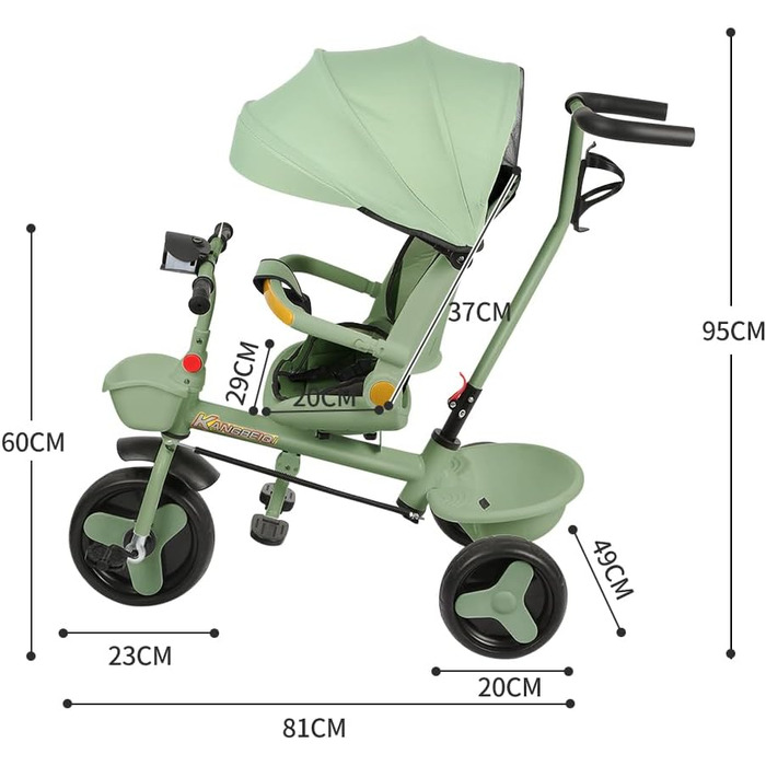 Триколісний велосипед для малюків, 5 в 1, з можливістю росту, велосипед-візок, поворотний сидіння 360°, штовхач, знімний капюшон, 3-точкова система безпеки, кошик для зберігання, 1-5 років (Зелений)