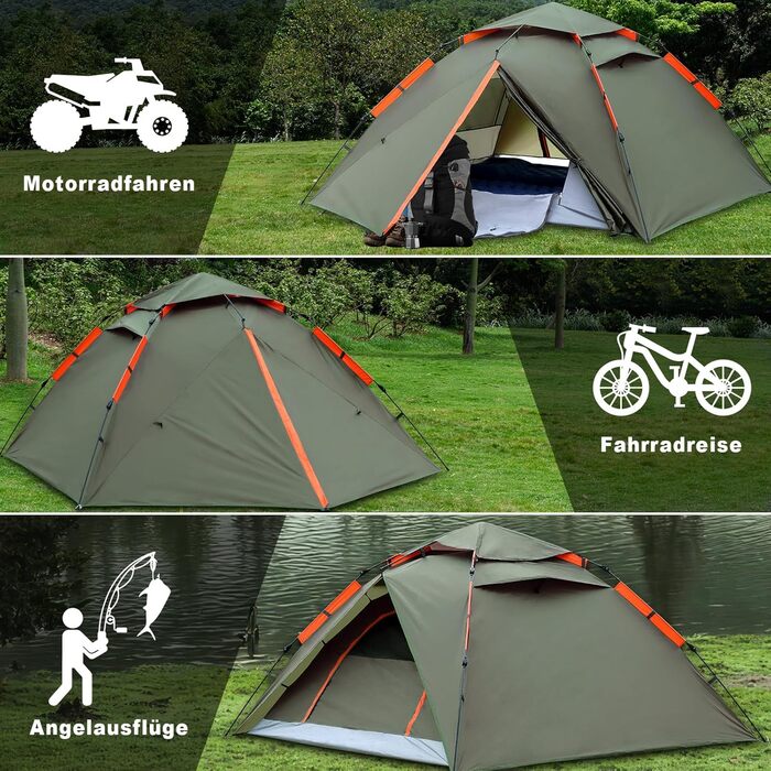 Намет для кемпінгу з тамбуром, намет для 2-4 особи, водонепроникний PU5000, для відпочинку, подорожей, трекінгу, саду, куполоподібний, ультралегкий, рюкзак, 2025, армійний зелений (Pop Up)