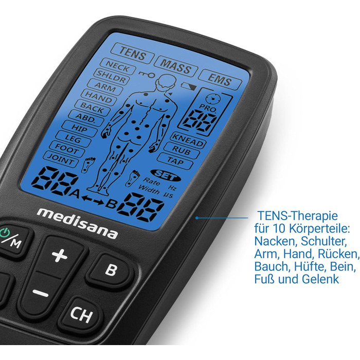 Medisana TT 205 TENS/EMS: електростимулятор для зняття болю та розслаблення м'язів. Комплект з 4 електродними подушечками. Тренувальний пристрій для нарощування м'язів.