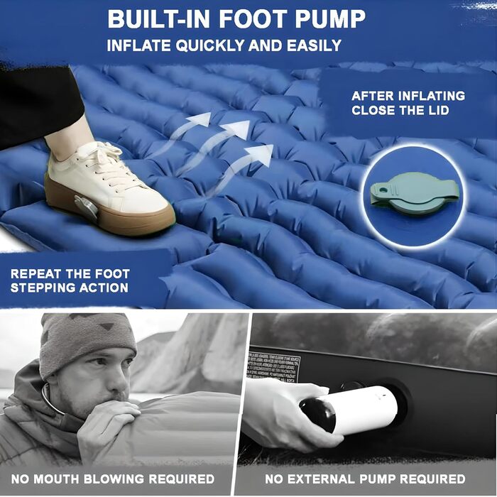 Саморозкладальний килимок для кемпінгу YuanDiann 200x140 см на 2 особи, ультралегкий, з помпою та подушкою, блакитний