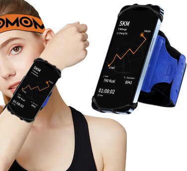 HLOMOM Спортивний браслет для телефону, 360° обертовий, знімний, для бігу, сумісний з iPhone 16/15/14/13/12/Pro/Pro Max/XS/XR/X/8/7/6/Plus та іншими смартфонами 4,5-7 дюймів, синій