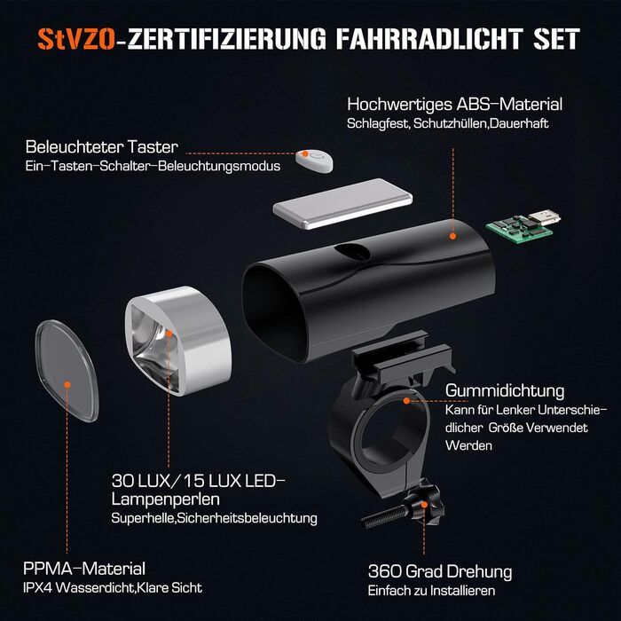 Набір LED-велофари STVZO: передній та задній ліхтар, водонепроникний, USB-зарядка